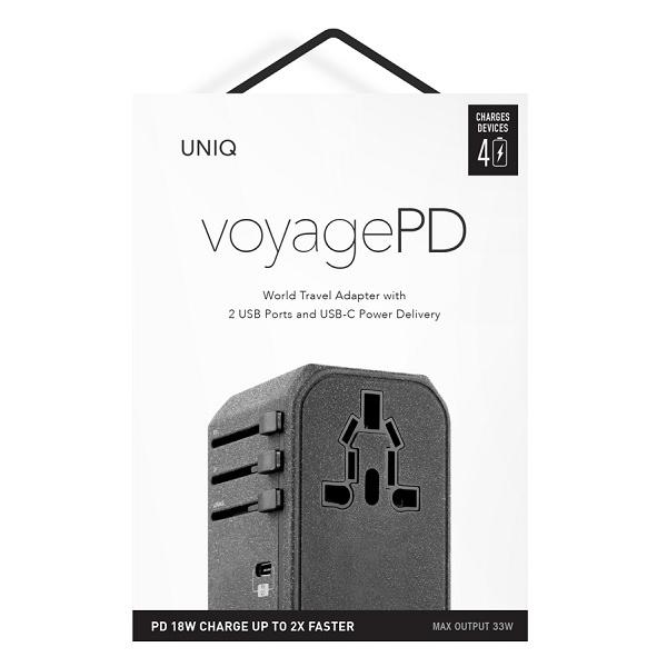 UNIQ Lad. network. Voyage World Adapter 33W+ 2xUSB + PD 18W + QC 3.0 gray/charcoal gray (LITHOS Collective)