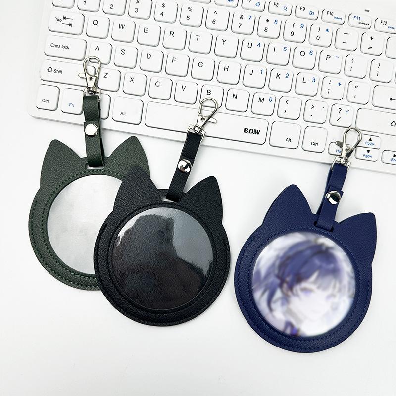 PU Leather Card Holder Cat Ear Design Cute Round Badge Reel For Work Office Travel Luggage Keychain Pendant