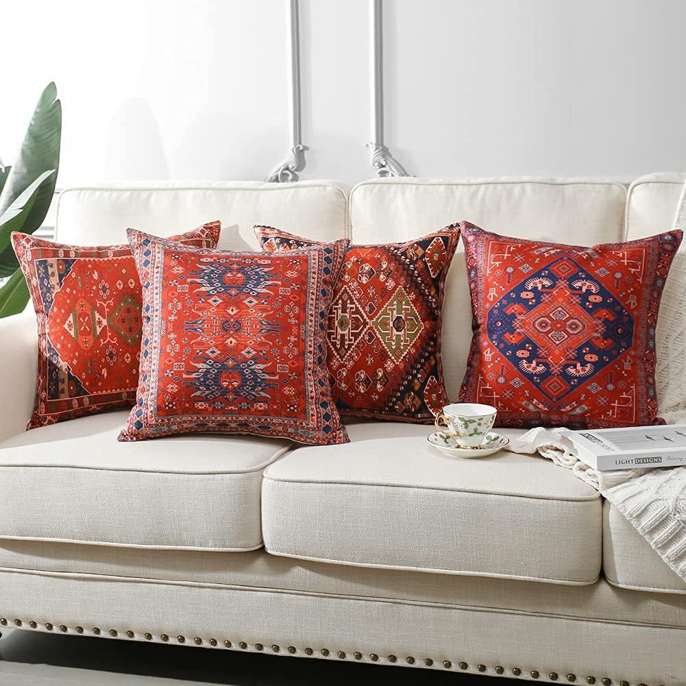 4 Pcs Double Sided Persian Kilim Cushion Covers, Red Bohemian Tribal Geometric Throw Pillow Cases (No Inserts)