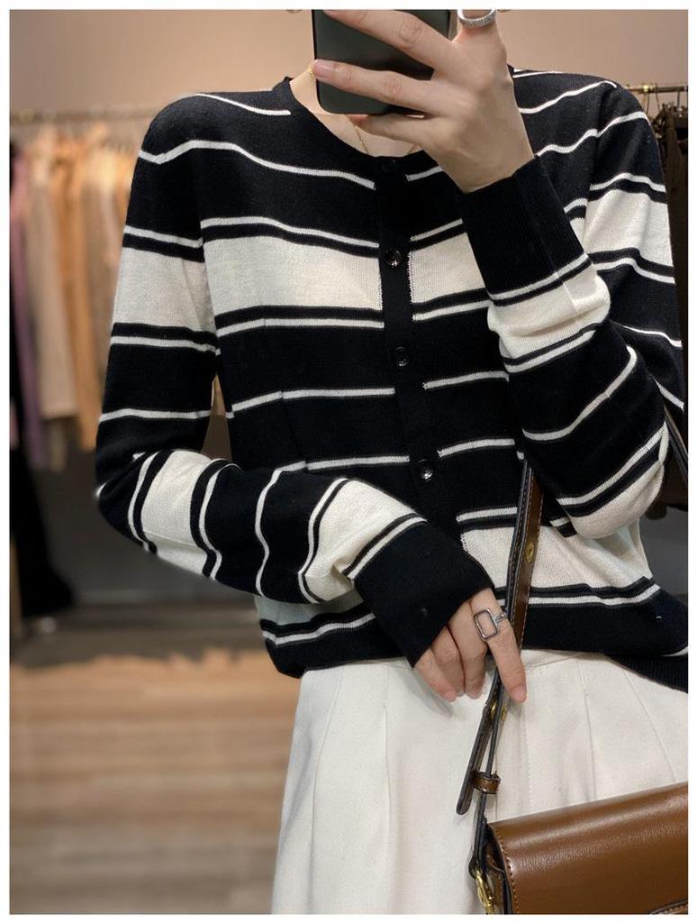 Women's Korean Striped Knit Cardigan - Loose, Thin, Long Sleeve, Round Neck, Spring/Autumn Fashion