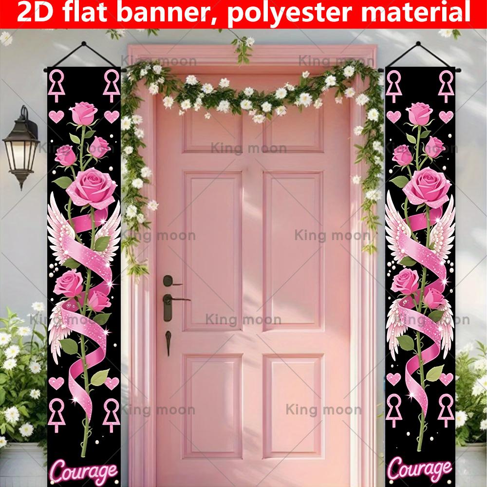 2D Flat, 2D Flat - 2D Flat Banner, 2pcs Breast Cancer Awareness Couplet Banner, Size 180Cm * 30Cm/70.8In * 11.8In, Polyester Fabric, Pink Rose Angel W