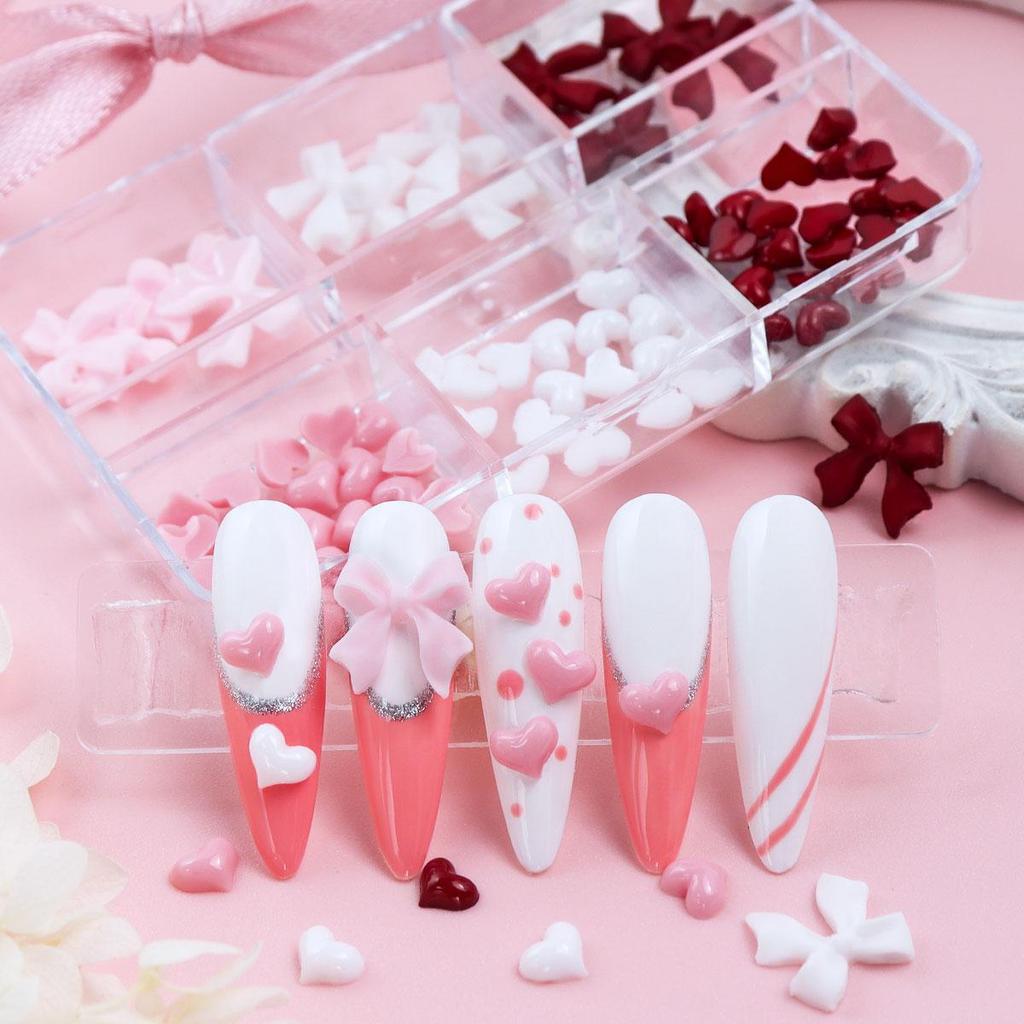 1 Box Mixed Valentine's Day 3D Nail Art Charms with Wine Red Love Heart Nail Accessories Pink Ribbon Bow Nail Art Decoration DIY Design Supplies
