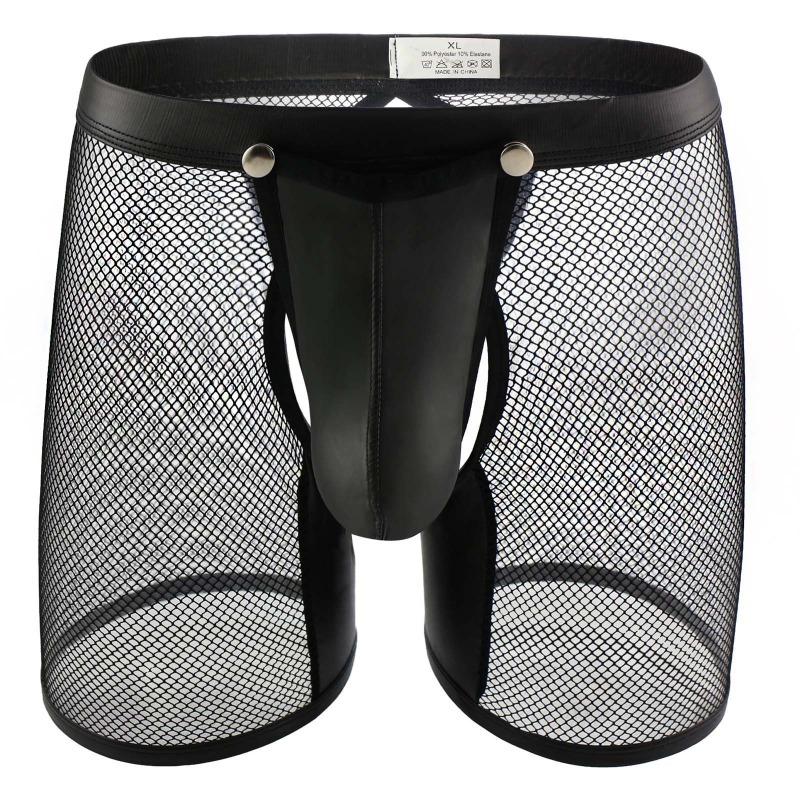 Men'S Sexy Long Boxer Shorts Buckle Open Pu Penis Pouch Crotchless Underwear Open Butt Trunks See Through Mesh Exotic Lingerie