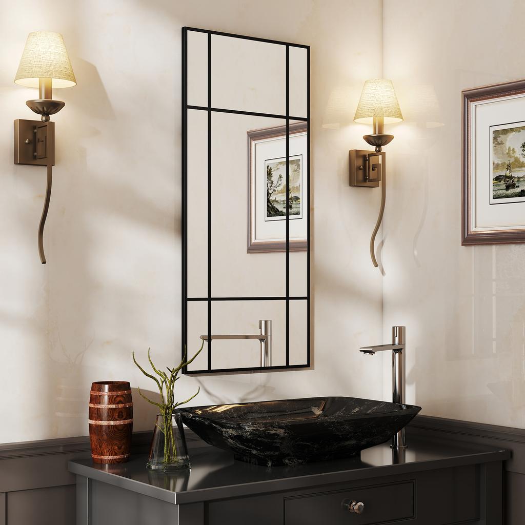 Rectangular window-style glass wall mirror, horizontal or vertical with 4 hooks, in black metal - 110x50 cm
