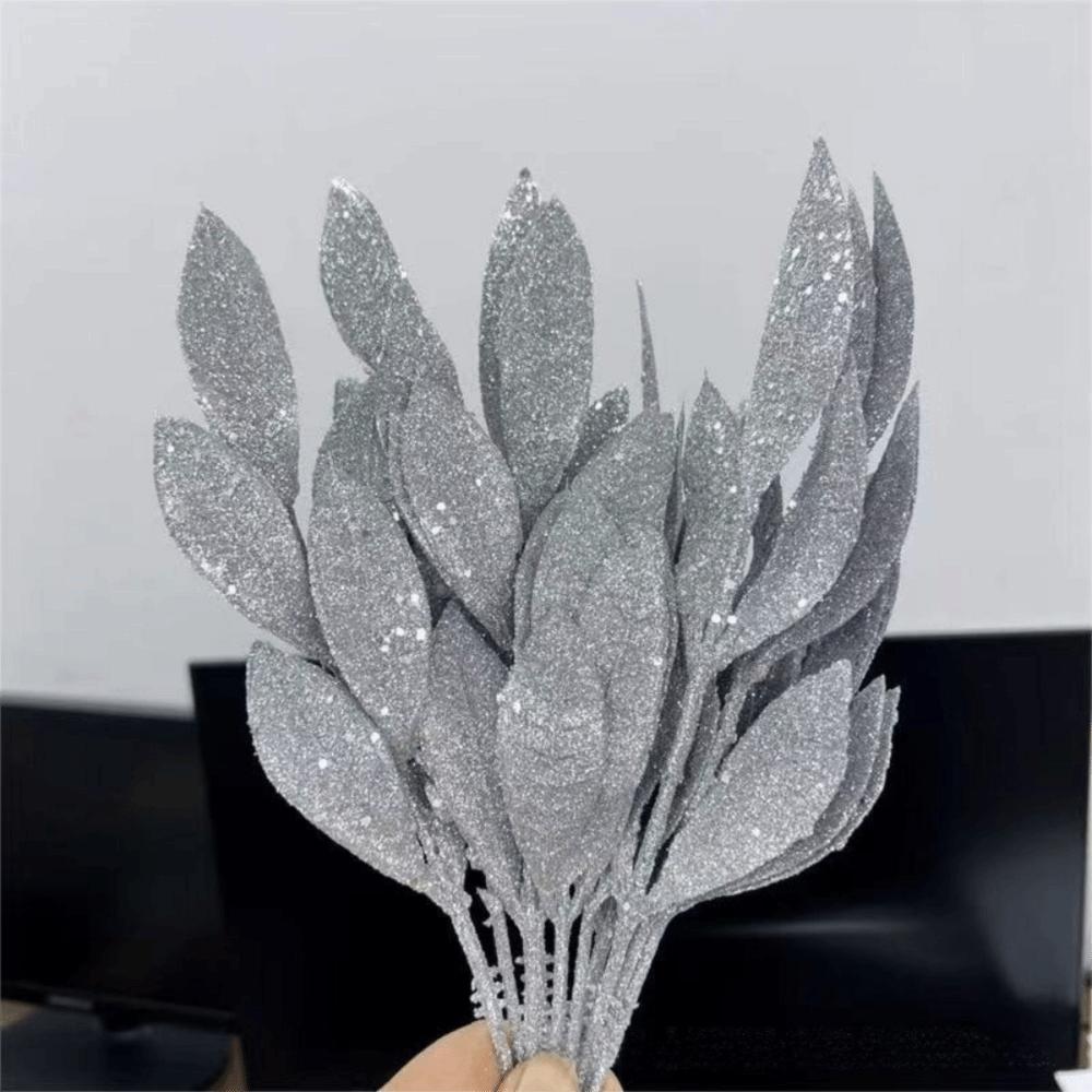10Pcs New Artificial Artificial Leaves DIY 6-Leaf Fake Plant Leaves Glitter Christmas Tree Decor New Year Gift