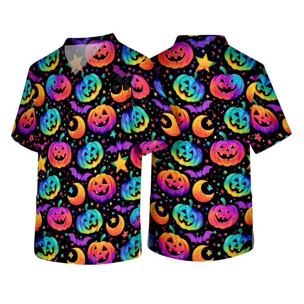 Men's V Neck Halloween Print Scrub Top with Chest Pocket and Two Front Pockets for Healthcare Professionals Workwear