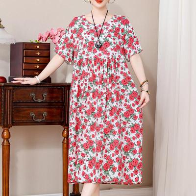 Plus Size Vintage Print Long Dress for Women Oversize Short Sleeve Elegant Loose Dresses Summer Casual Middle-aged Women's Clothing