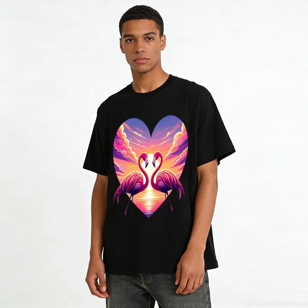 Sunset Flamingo Heart Print Casual Top Pure cotton T-shirt