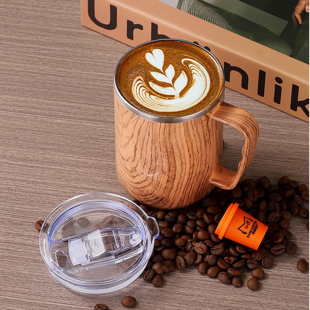 Vintage wood grain stainless steel mug, Double-layer Insulated coffee mug, Office tea cup with lid, Morning milk cup, 480ml
