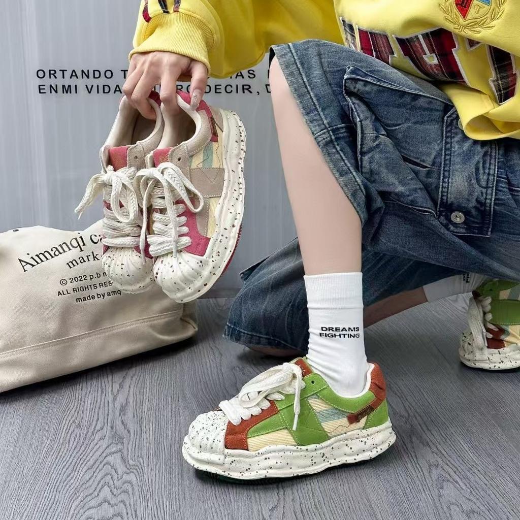 Leather trendy shoes shell head thick sole casual niche splashing ink dissolving board shoes women's spring new models