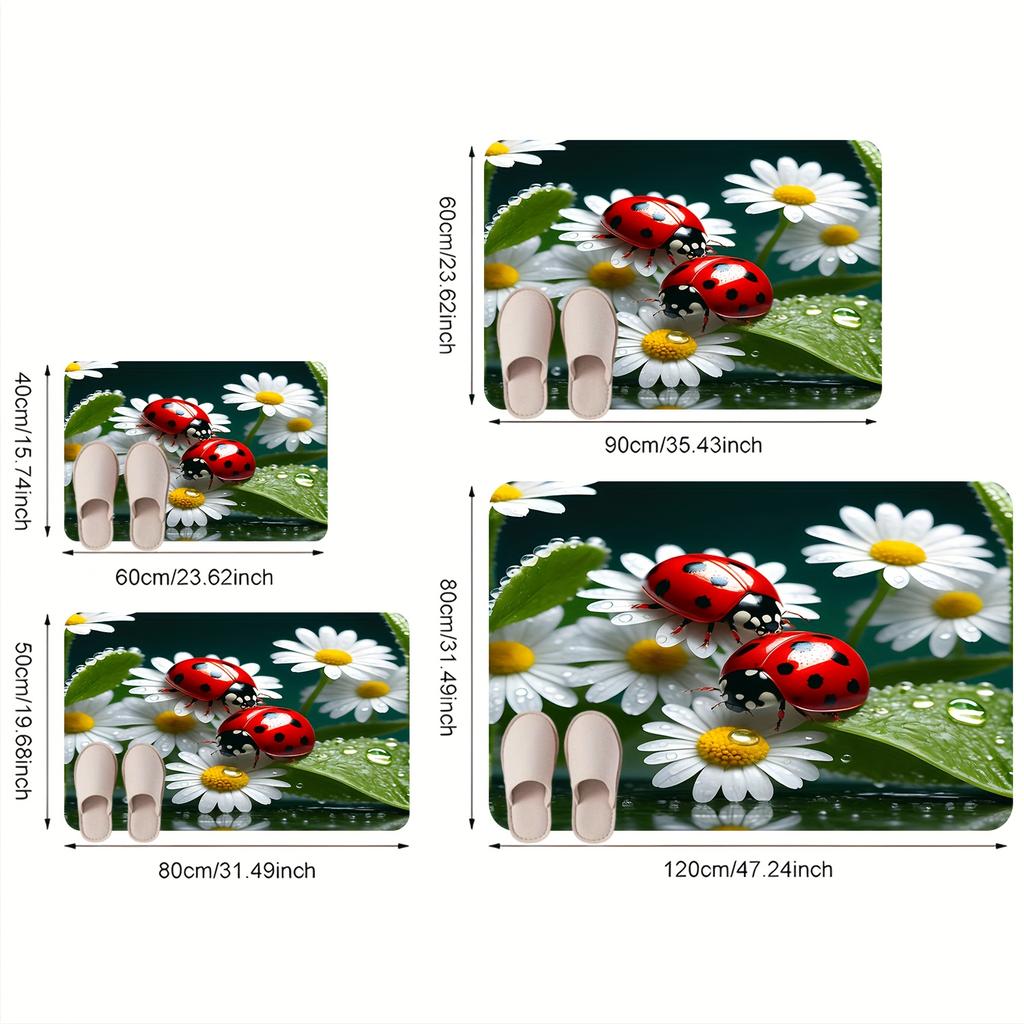 Daisy Ladybug Print Area Rug, Soft Non-Slip Machine Washable Floor Mat for Laundry Room Kitchen Home Decor Spring Decor
