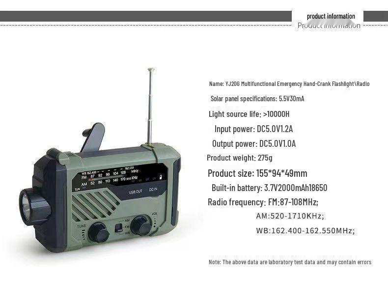 Multifunctional Solar-Powered Emergency Radio & Flashlight with Hand-Crank Power Generator and Waterproof Power Bank