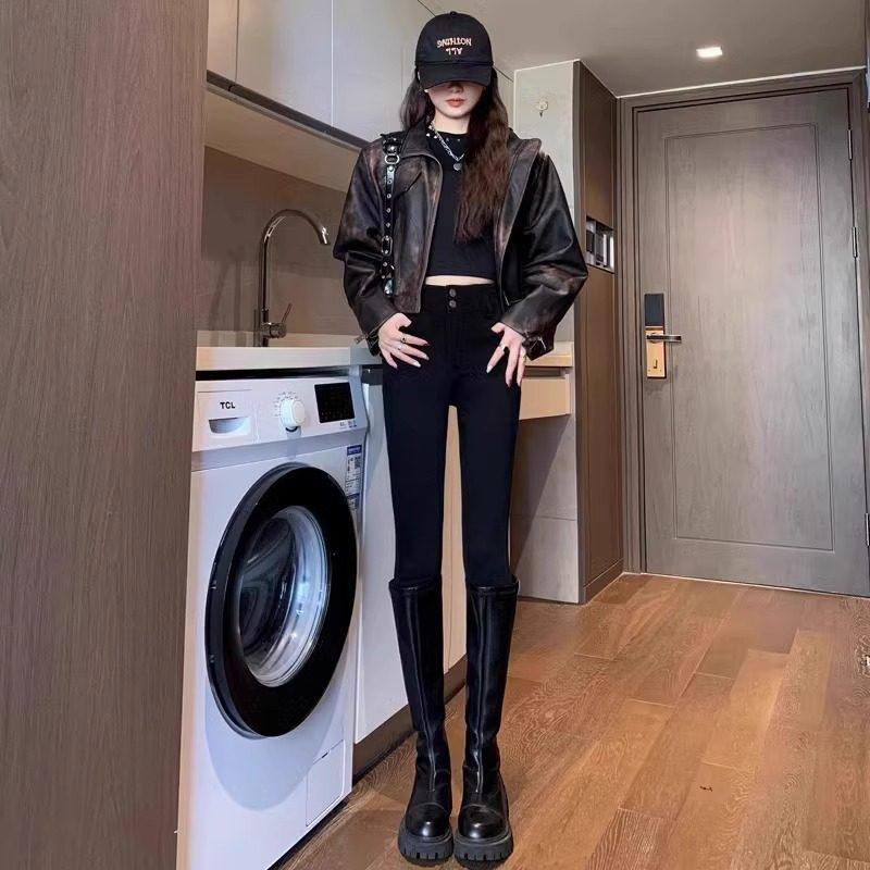 Women's High-Waisted Fleece-Lined Skinny Pants - Black, Non-Pilling, Slimming, Elastic Outerwear, Spring/Autumn Style.