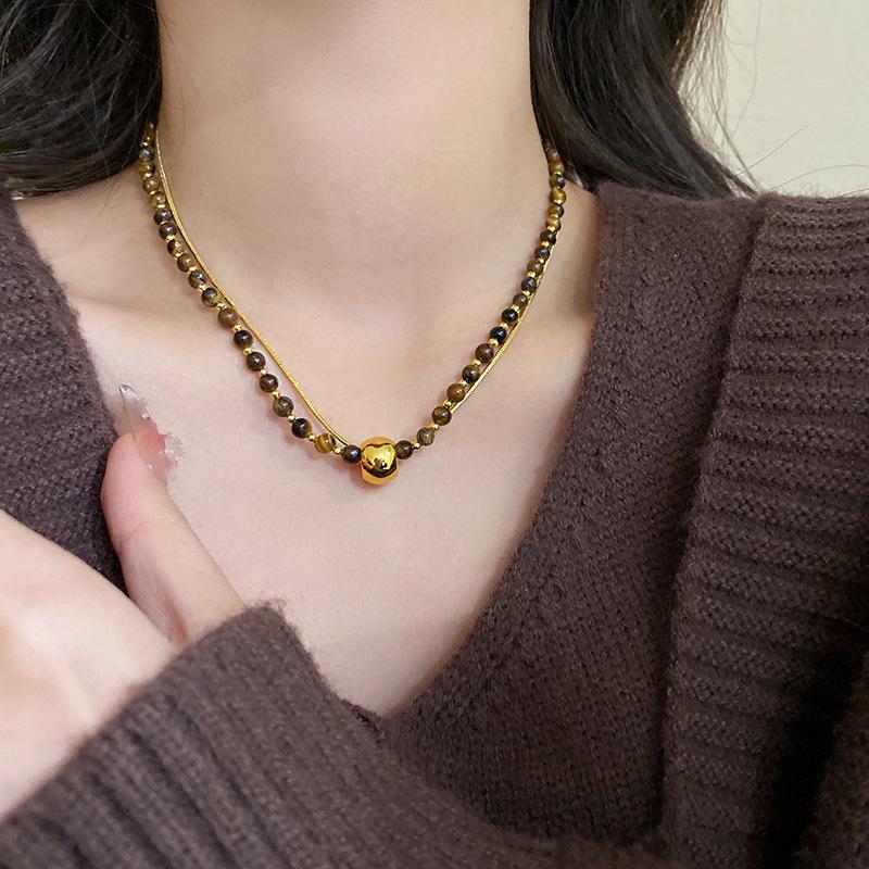 Hanluo Maillard Tigerauge Perlenkette: Retro Herbst-Winter Pullover-Ketten-Accessoire für Damen.