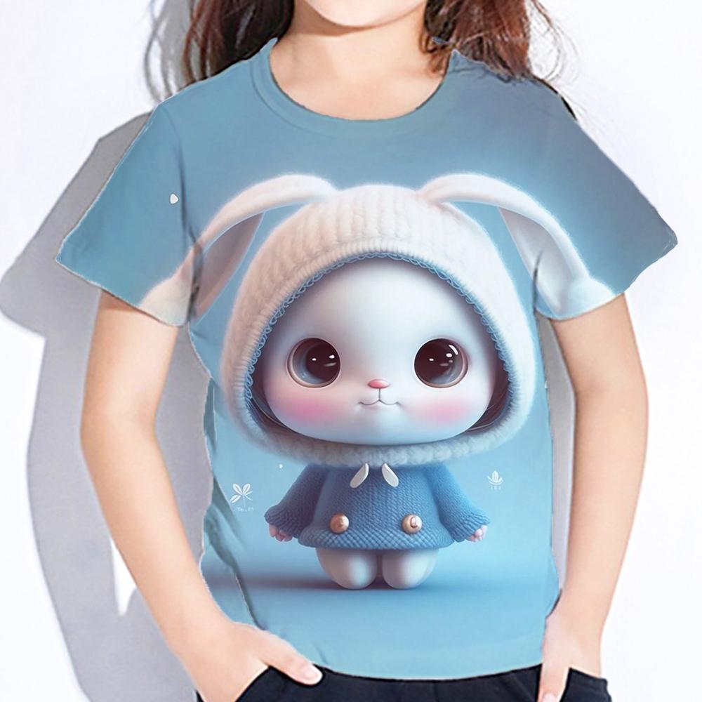 Rabbit Cartoon Print Toddler Short Sleeve Tops Oversized Crew Neck Tees Little Girl Clothes