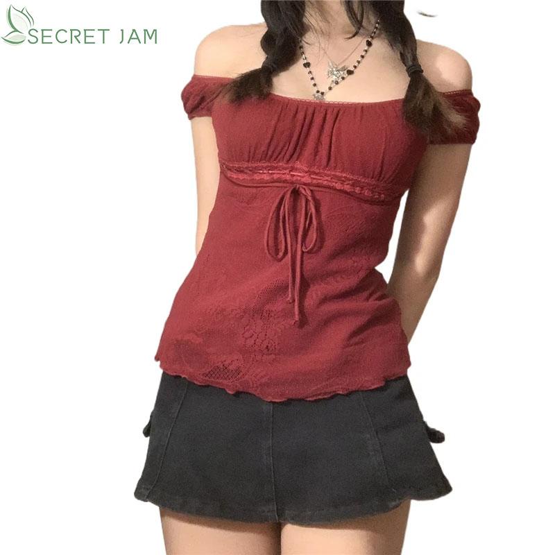 

Летняя женская модная футболка Secret Jam с открытыми плечами и шнурком