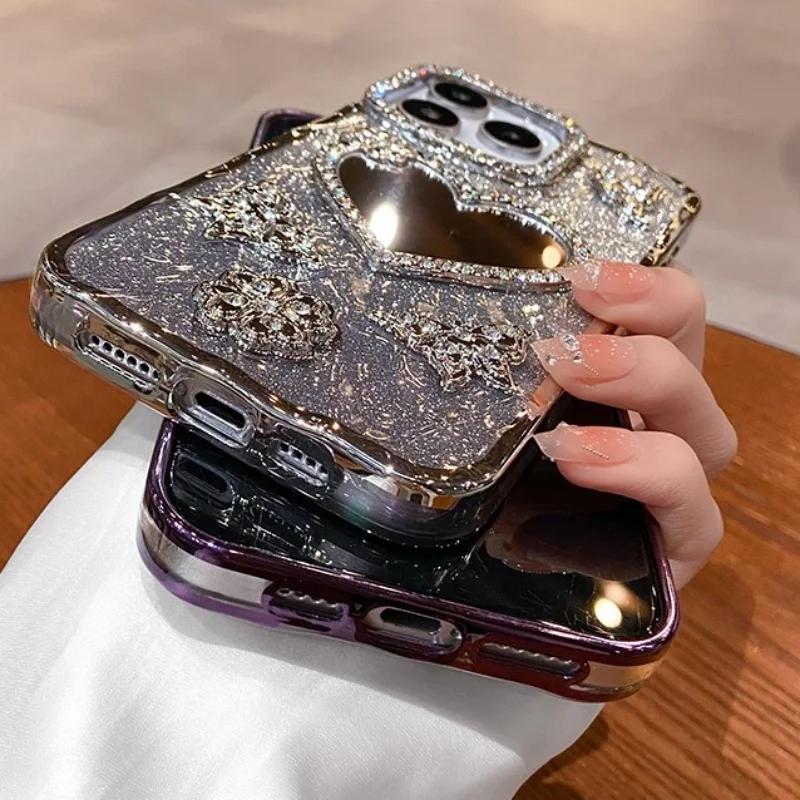 Heart Make Up Mirror Case For iPhone 16 Pro Max 15 Plus Plating Butterfly Cover For iPhone 14 Pro 13 12 11 Glitter Diamond Case