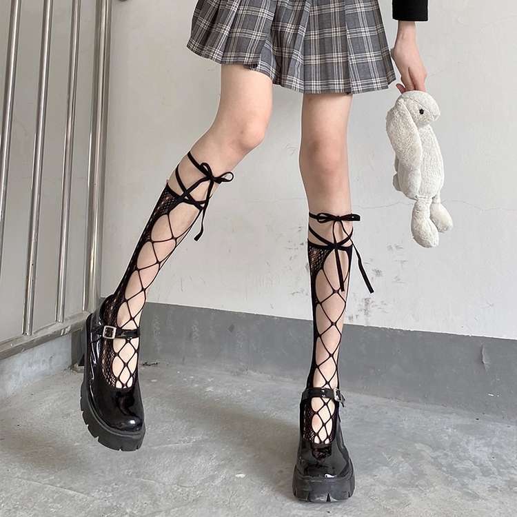 

Summer Sexy Long Japanese Socks Jk Tie Lace Fishnet Stockings Irregular Split-toe Calf Socks Women s Middle Tube Socks Straps one size