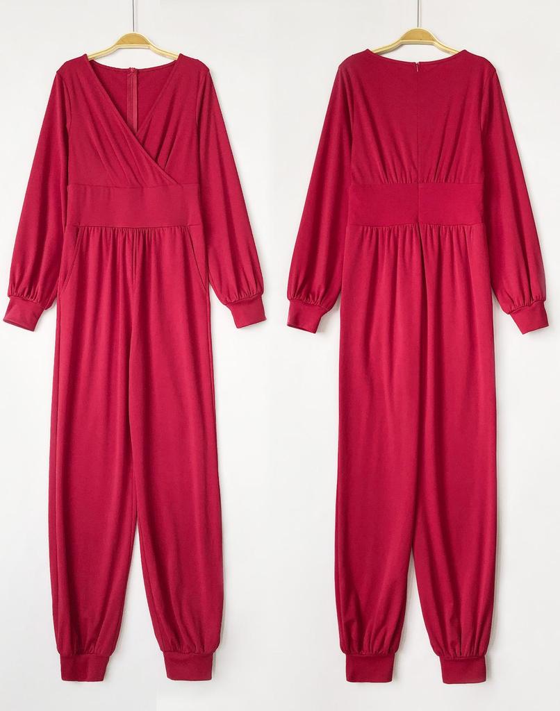 V-Ausschnitt Laternenärmel Weites Bein Jumpsuit für Damen - Herbst/Winter Mode