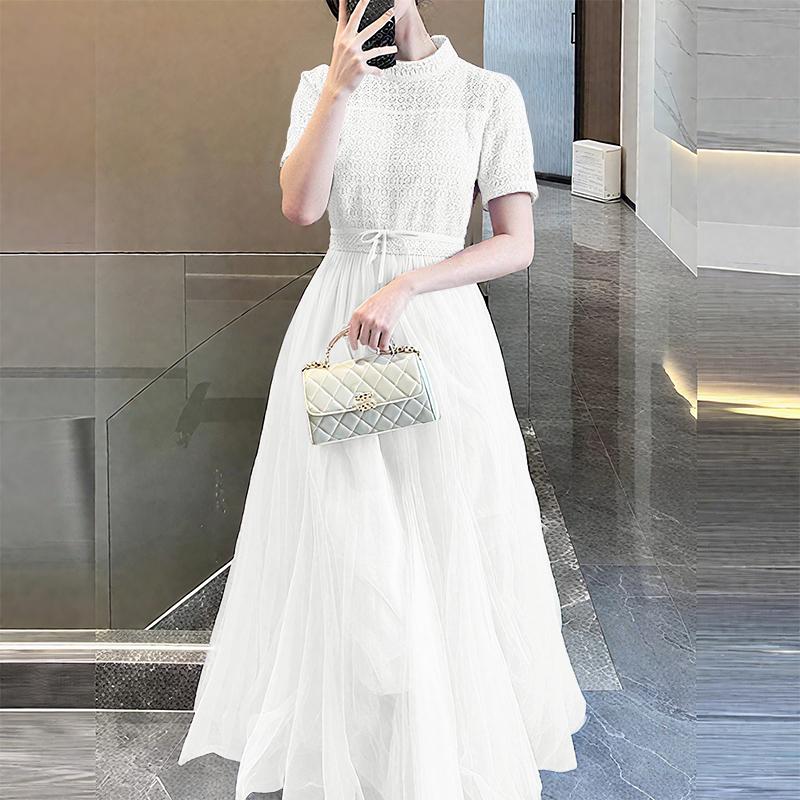ZANZEA Women Turtleneck Casual Mesh Splice Summer Short Sleeve Dress
