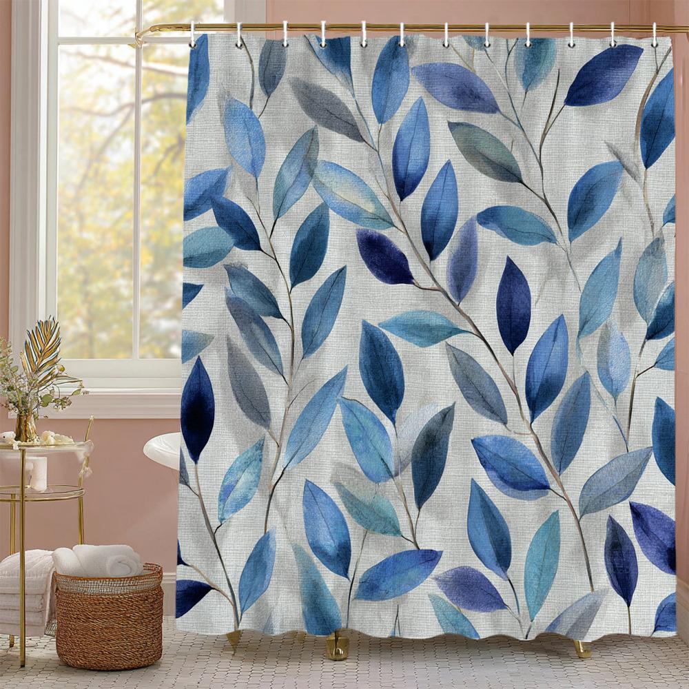 Elegant Blue Botanical Leaf Shower Curtain, Floral Plant Bathroom Decorative Shower Curtain, Waterproof Shower Curtain with Hook