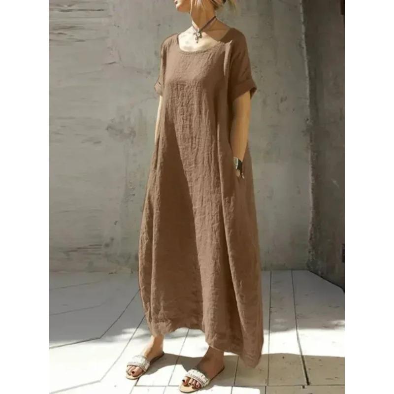 Casual Women Long Dress Oversized Loose Short Sleeve Dress Women Reathable Round Neck Holiday Dresses  Autumn