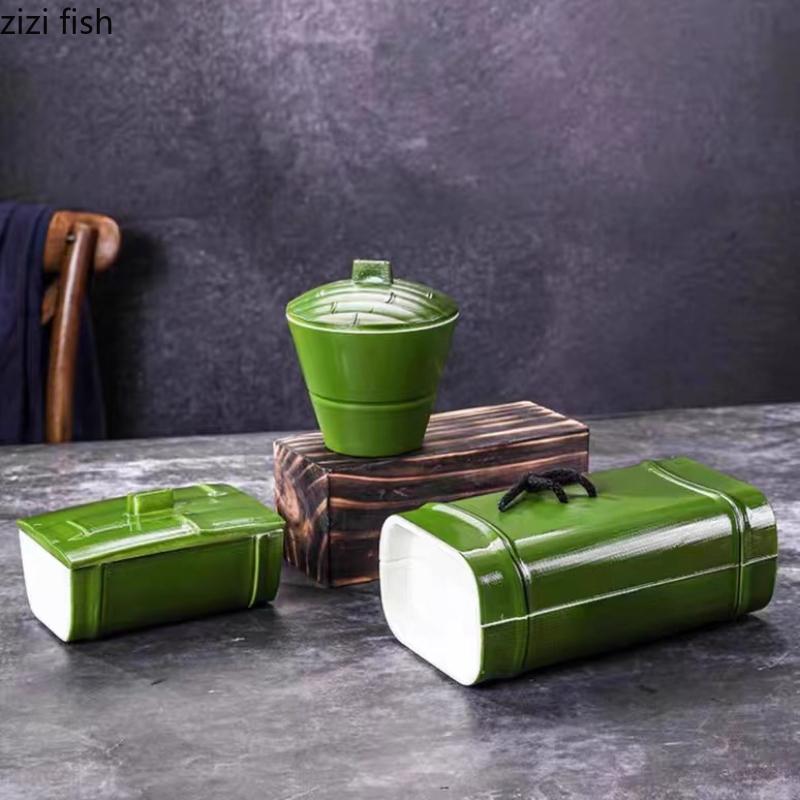 Plastic Imitation Bamboo Dining Plate Bamboo Tube Plate with Lid Green Dessert Plates Dim Sum Dish Serving Plates Fruit Bowl