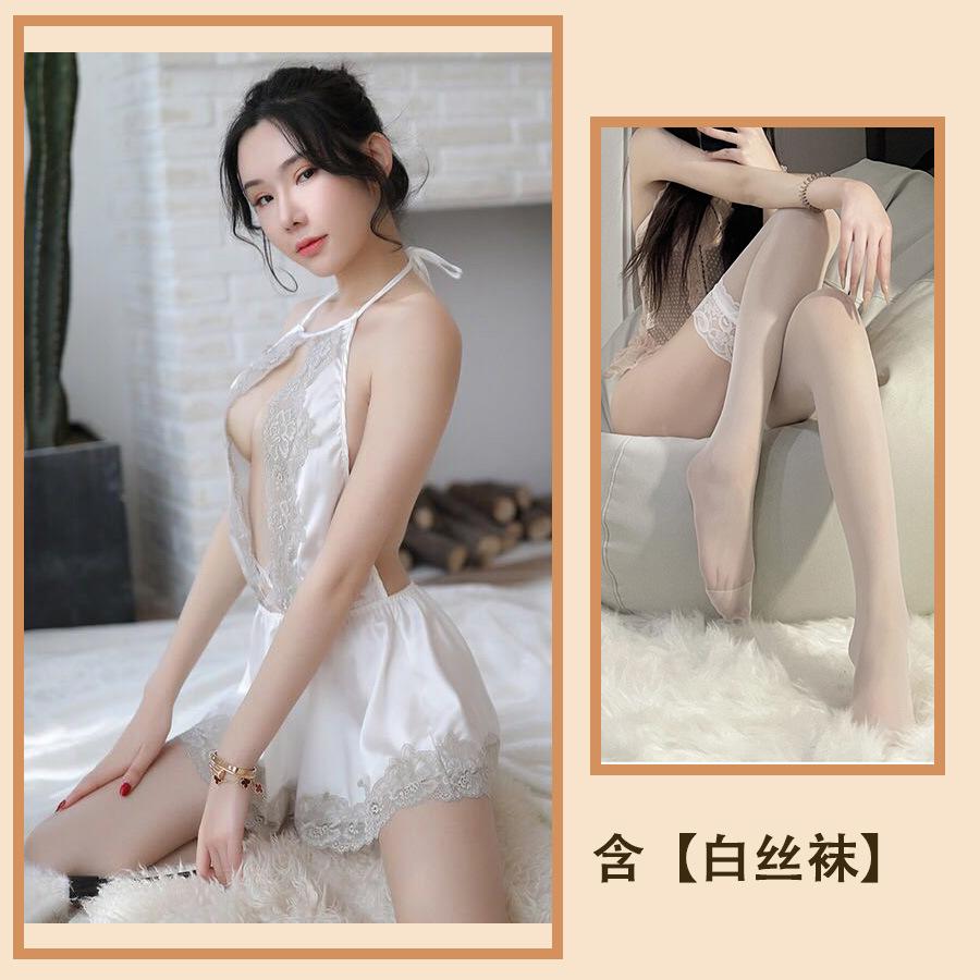 Sexy Lingerie Sexy Cute Girl Seduction Lace Neck Deep V Home Perspective Nightdress Set