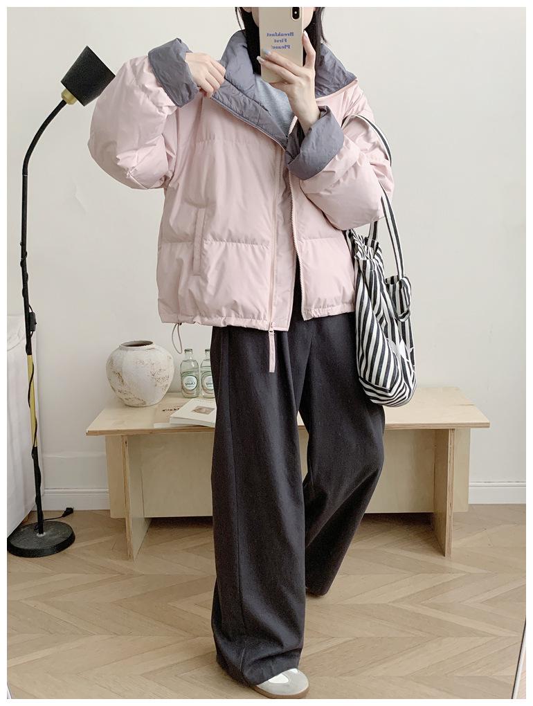 Women's 2025 Winter Korean Style Short Down Jacket, Thickened Stand-up Collar, Petite All-match White Duck Down Color Block Puffer.