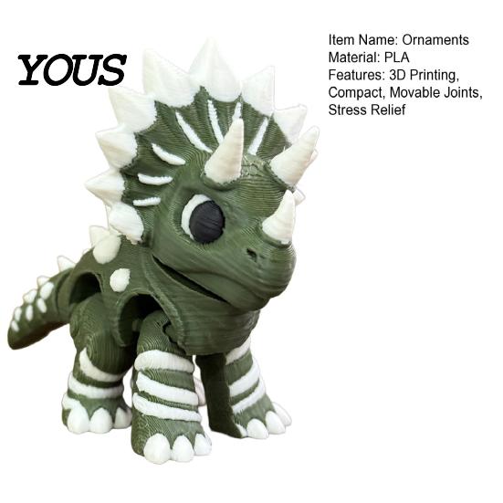 Fun Dinosaur Desk Accessory 3D Printed Three-Horned Figurine with Articulated Joints, Green White Toy Exquisite Collectible Textured Spikes,