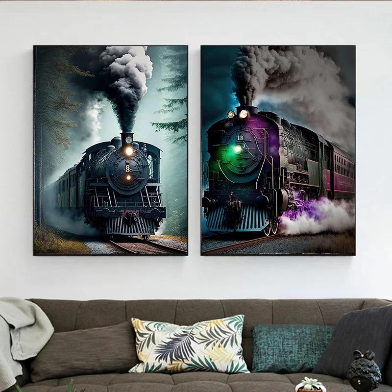 Vintage Cale Ferată Retro Cale Ferată Tren cu Aburi Locomotivă Peisaj Poster de Artă Pictură pe Pânză Imprimeuri de Perete Imagine Cameră Decor Acasă