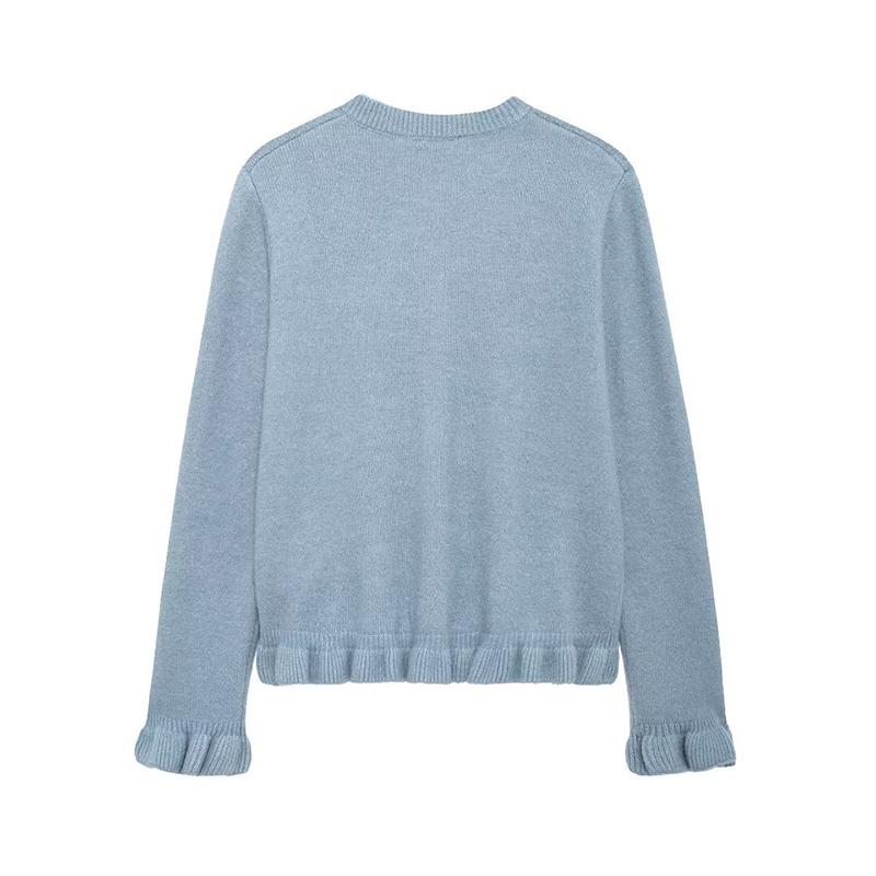 Women Fashion Solid Ruffled Single Breasted Knitted Sweater Vintage O-Neck Long Sleeves Female Chic Lady Tops