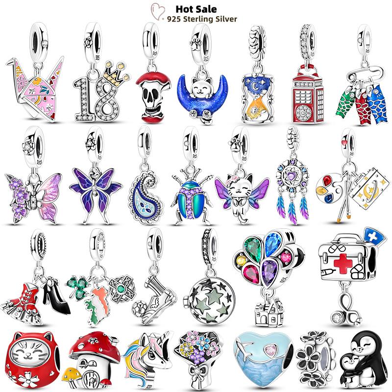 Charms Plata Copper Pink Paper Crane Flower Butterfly Balloon Charm Beads Fit Bracelet Necklace Women'S Diy Jewelry