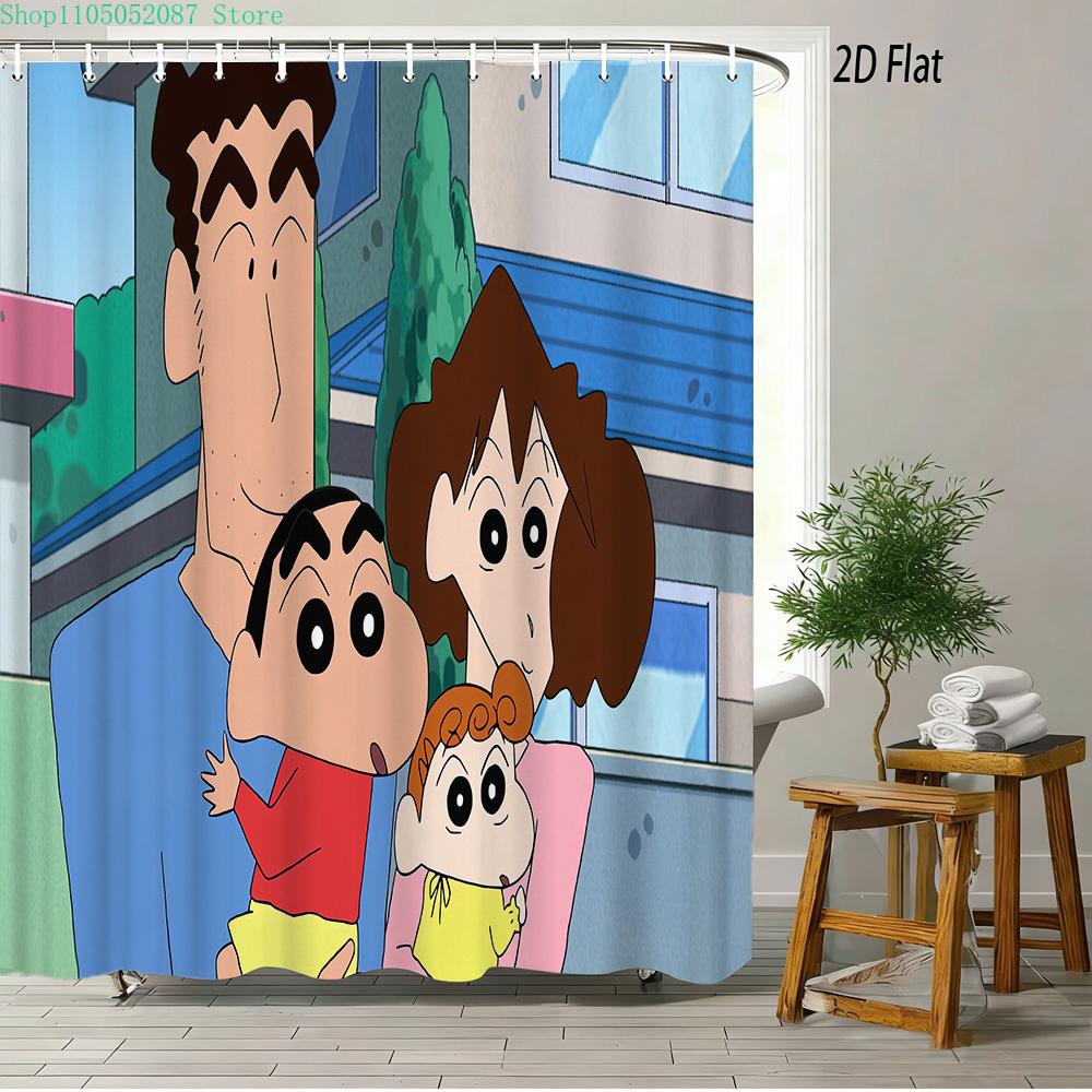 Crayon Shin-Chan Ufo & Shiro 2D Print Waterproof Shower Curtain, Green Anime Bathroom Decor With Hooks
