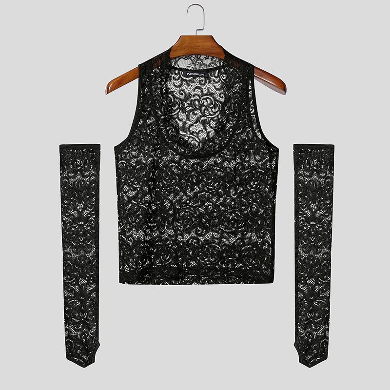 INCERUN Men V Neck Oversleeve Lace See Through Party Club Cropped Tank Tops