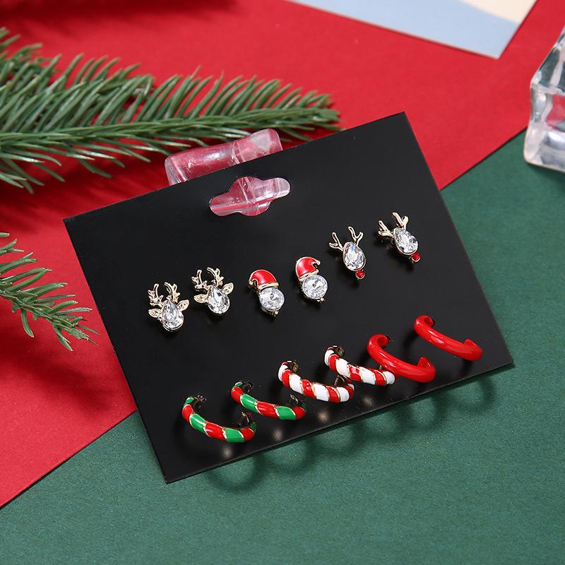 Christmas stud earrings combination new cartoon holiday alloy dripping elk old man bell earrings set