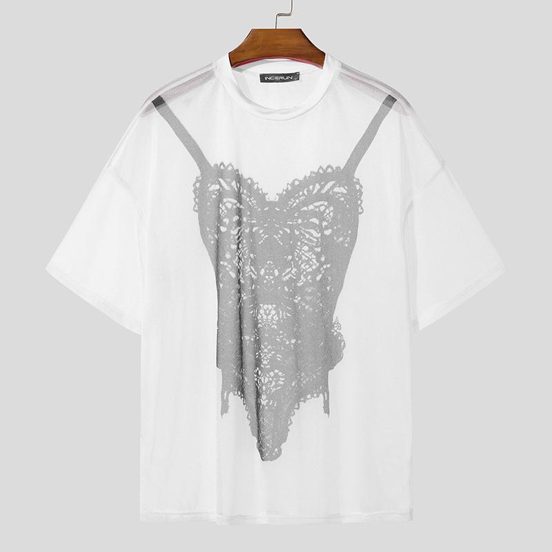 

INCERUN Oversized Men Short Sleeve 3D Print Mesh Sheer See Through Party T-shirts 4XL белый