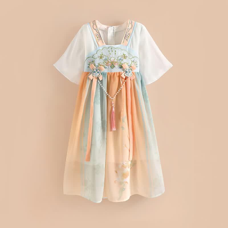 Xiaohu Patty Girls  Summer Lotus Embroidered Hanfu Dress 120
