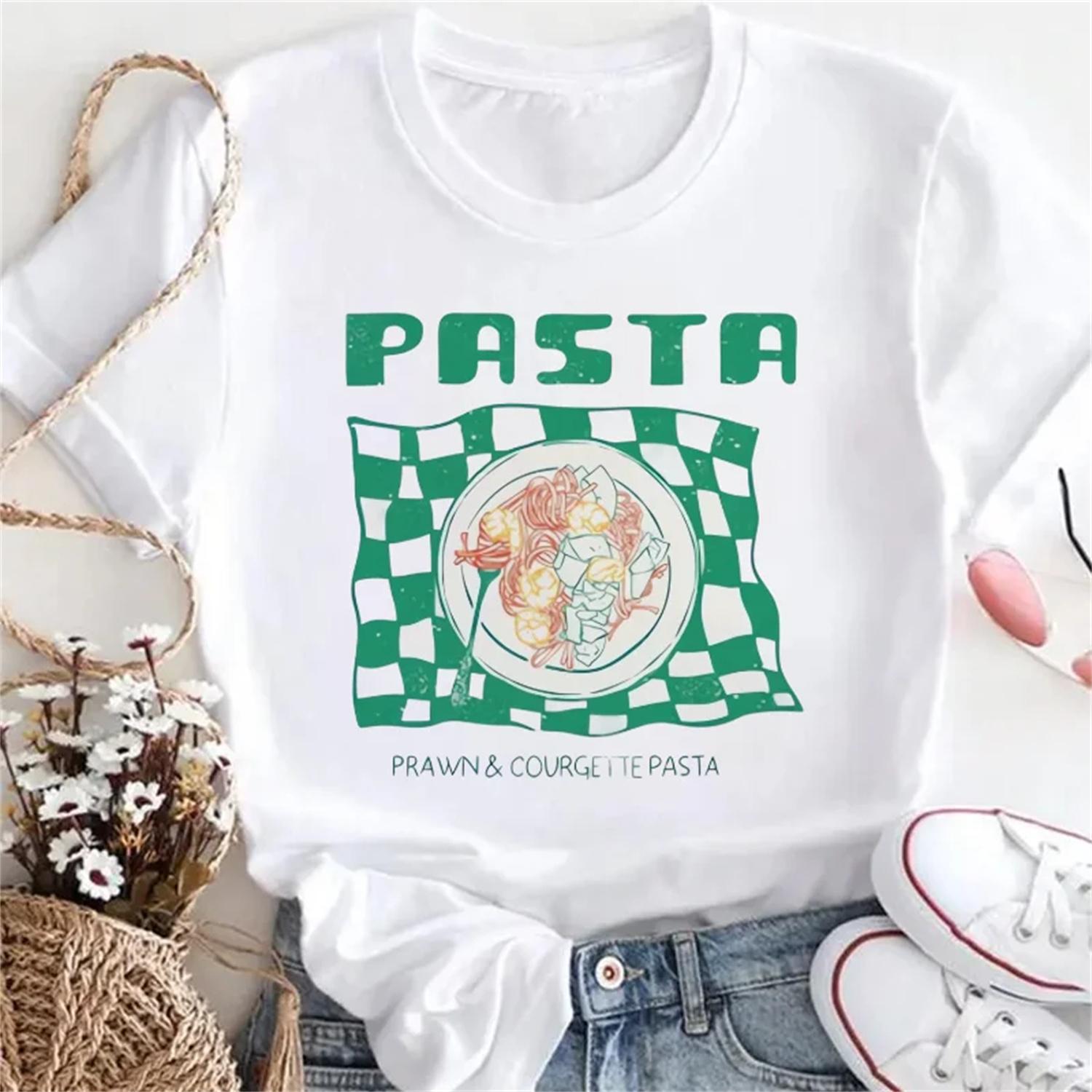 

Pasta Pattern Top Regular Travel Casual Style Printed Women s Summer Clothes Basic Round Neck Fashionable Women s White T-Shirt XXXXXL білий