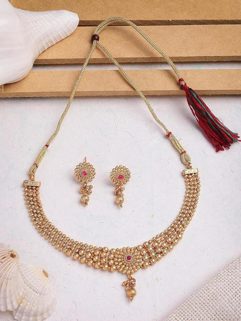 Classic Gold Plated Choker Necklace with Drop Earring Jewellery Set For Women & Girls|Suited for All Festive Occasions