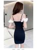 Chic Off-Shoulder Patchwork Strappy Bodycon Mini Dress for Nightclub and Spa Workwear