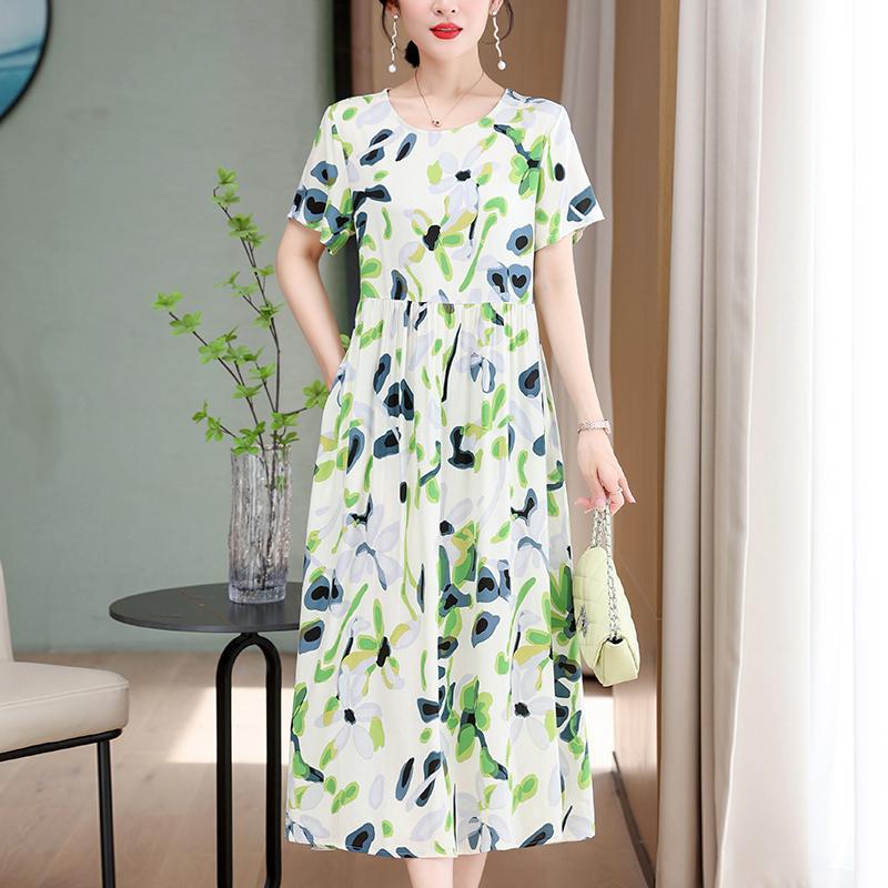 Elegant Long Dresses Women Summer Casual Short Sleeve Vintage Dress Korean Style O-Neck Female Clothing