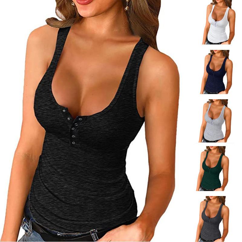 Women Solid Button Front Sleeveless Casual Tank Top