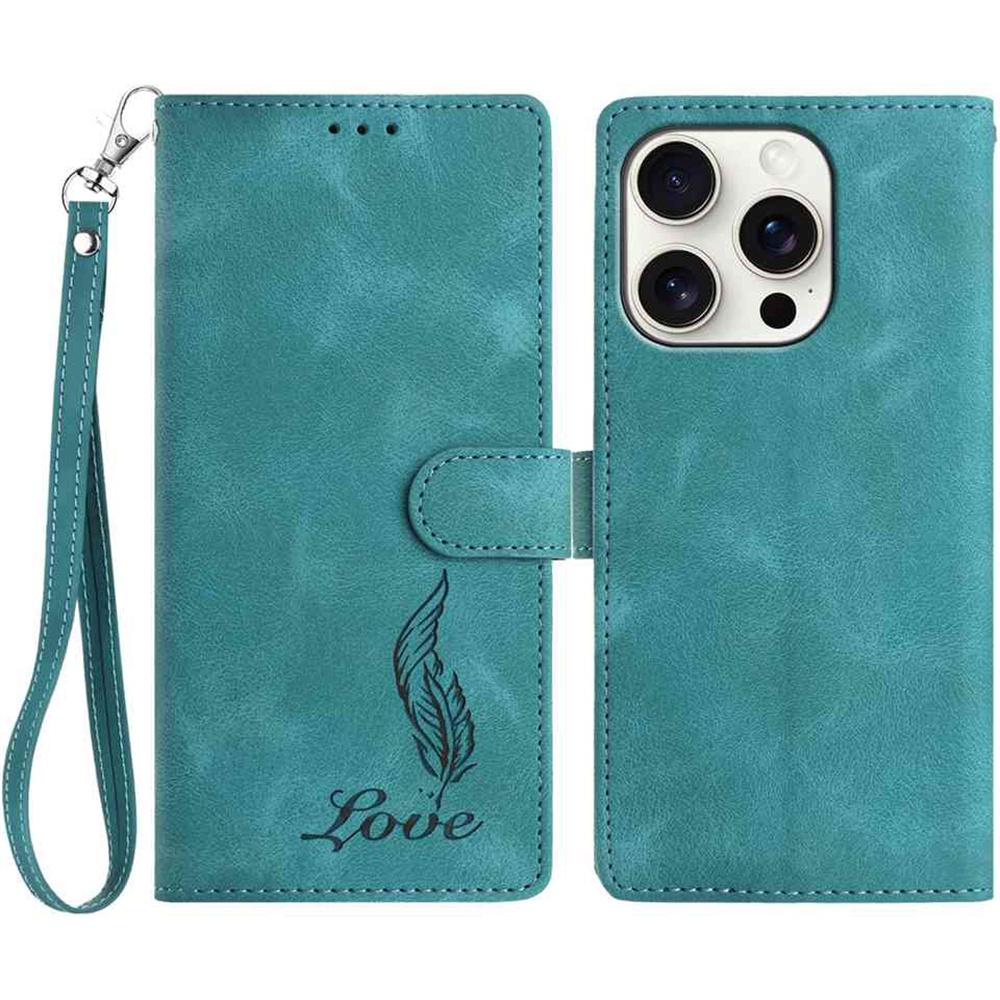 For iPhone 16 Pro Max Case Imprinted Feather PU Leather Wallet Phone Cover with Wrist Strap