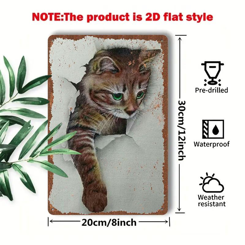 Vintage D Flat Metal Sign Green Eyes Cat Breaking Paper xInch Home Wall Decor