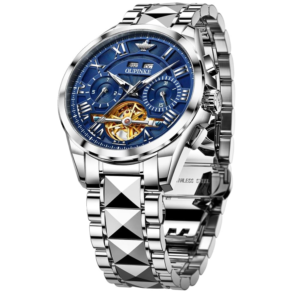 OUPINKE Men s Automatic Mechanical Watch 40mm Blue Dial Waterproof Calendar