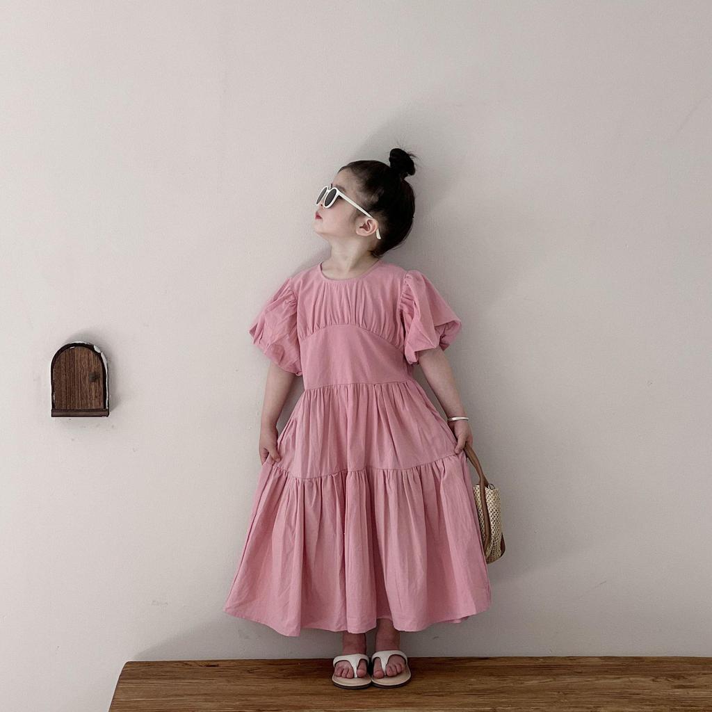 Summer 2025 Girls' Puff Sleeve Princess Dress – Korean Style Short Sleeve Big Skirt
