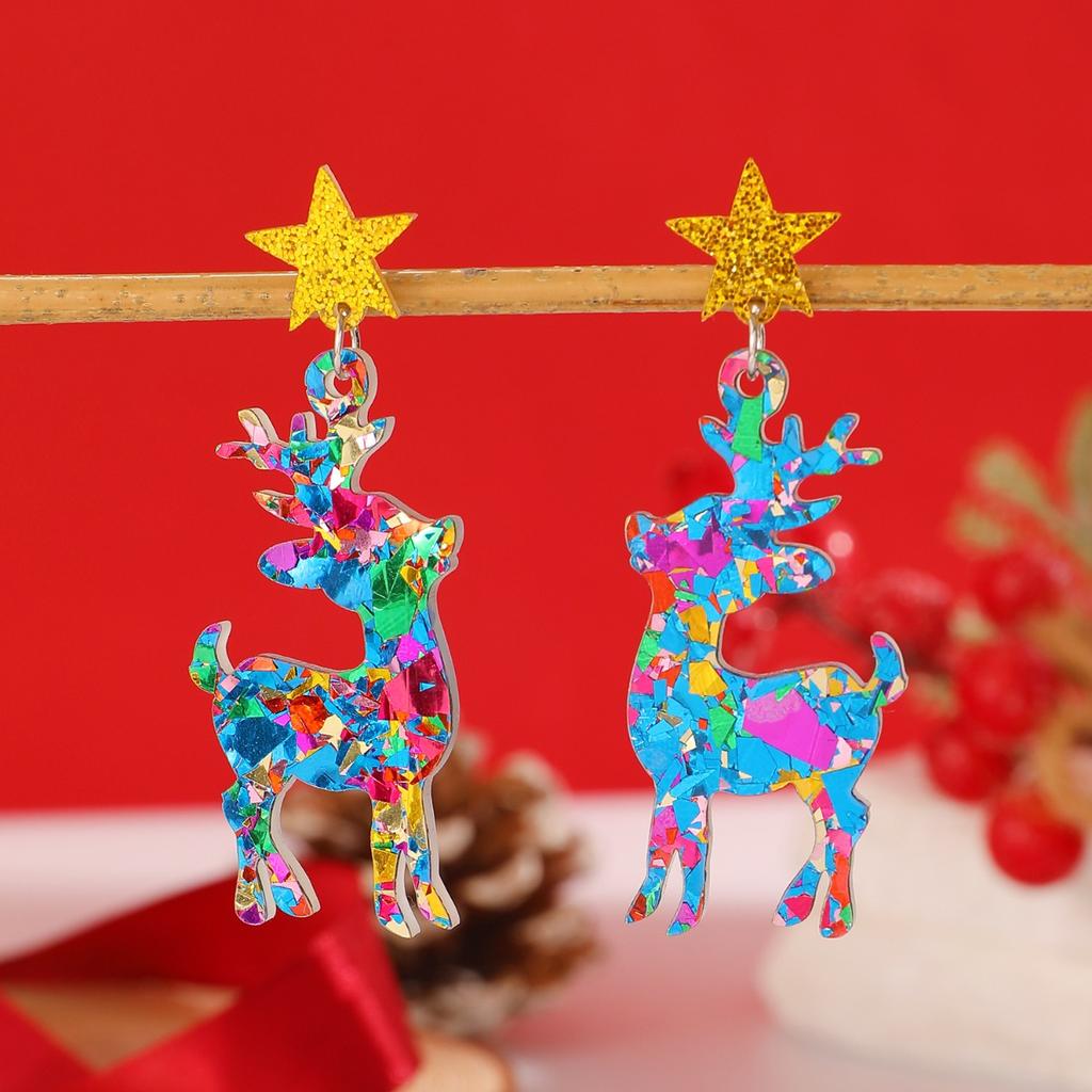 Colorful Confetti Reindeer Drop Earrings for Women Festive Star Stud Earrings for Christmas