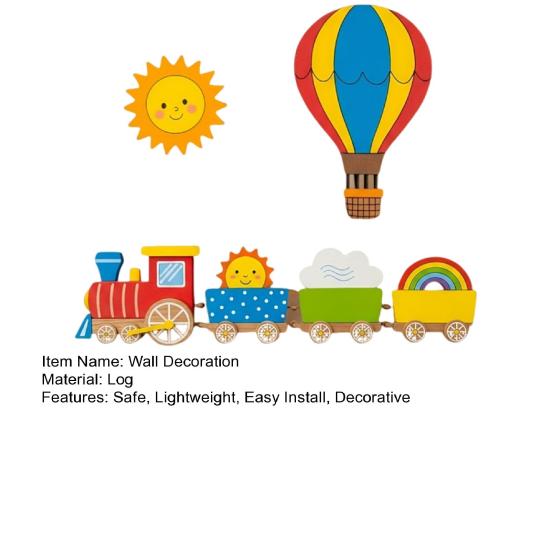 Sun Rainbow Cloud Wall Art 4Pcs Cartoon Train Hot Air Balloon 3D Wooden Decor, Colorful Kids Playroom Decor Room Wood Hanging, Nursery Educational