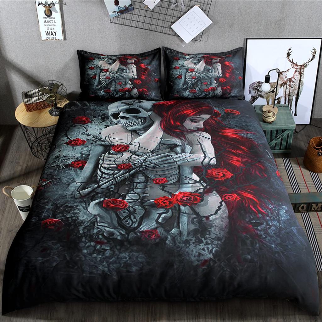 Rose Skull Theme of Valentine's Day Duvet Cover King 3D Skull Printed Bedding Duvet Cover 3 Pieces Lovers Bedding Adults Gifts